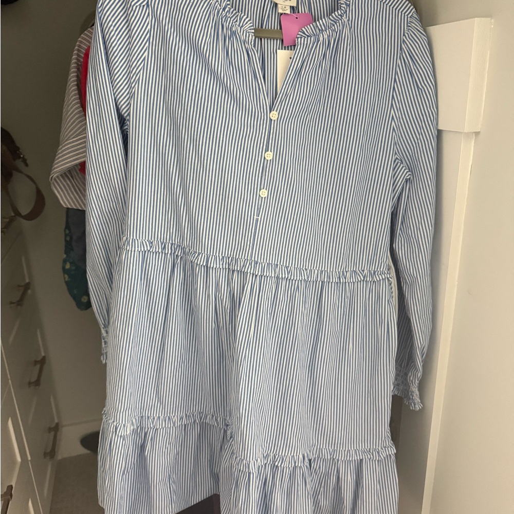 J. Crew Blue and White Striped Tiered Dress